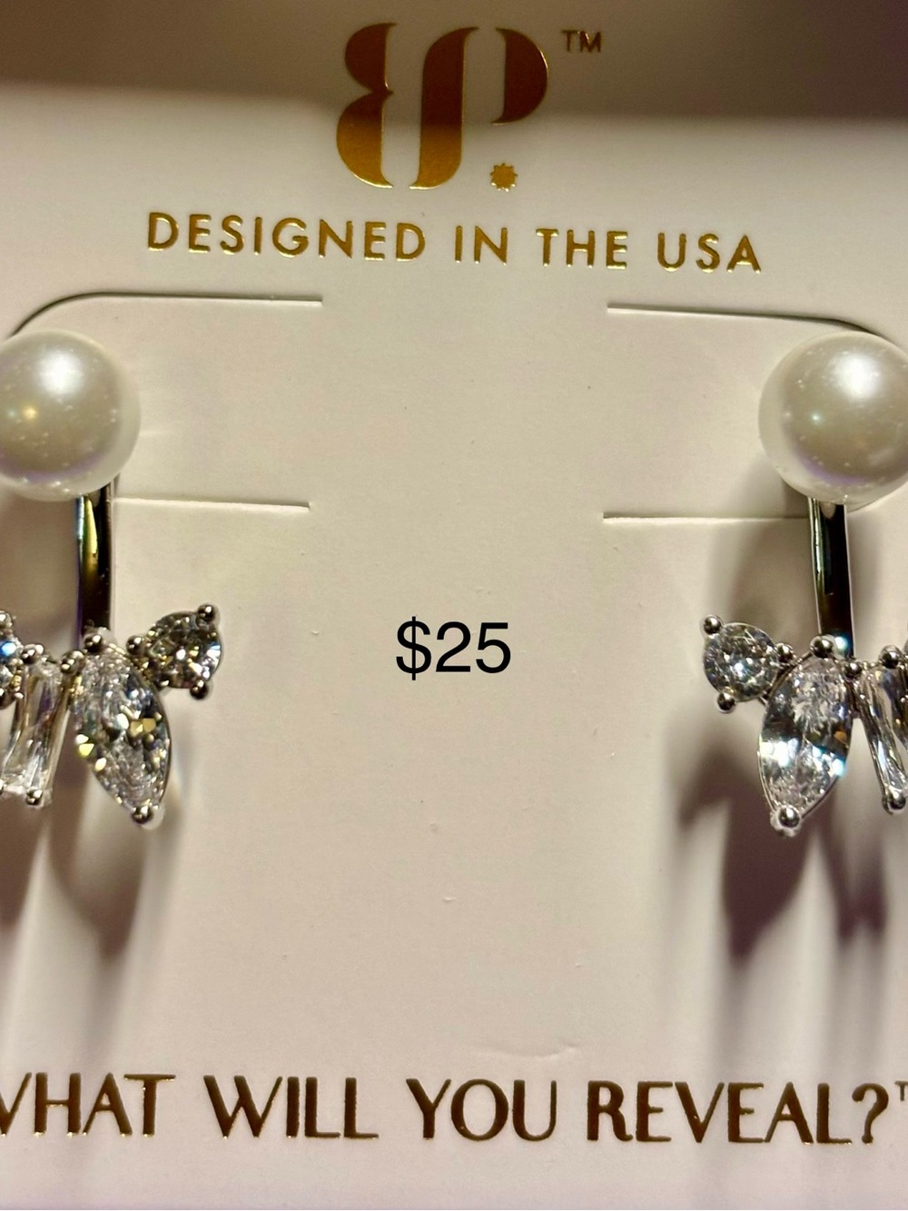 bp Pearl and Crystal Huggie Drop Earrings in White Pearl